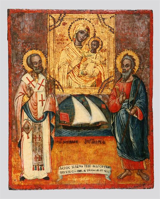 Οι άγιοι Νικόλαος και Ανδρέας με εικόνα της Οδηγήτριας